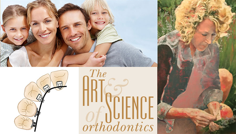 The Art & Science of Orthodontics: Collage of orthodonic appliances, orthodontic patients, and paintings